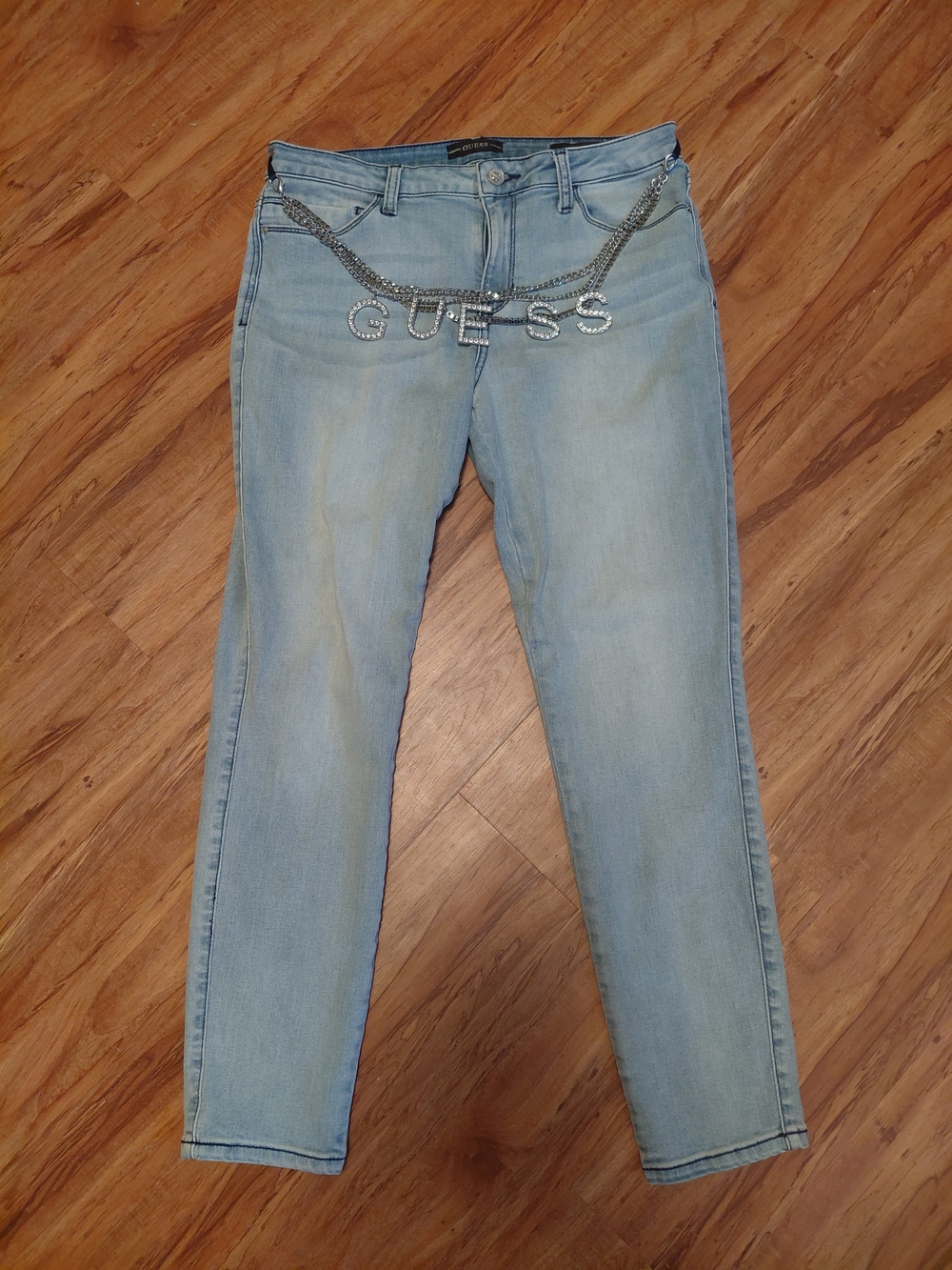 GUESS Light Blue Skinny Jeans with Rhinestone Logo Chain